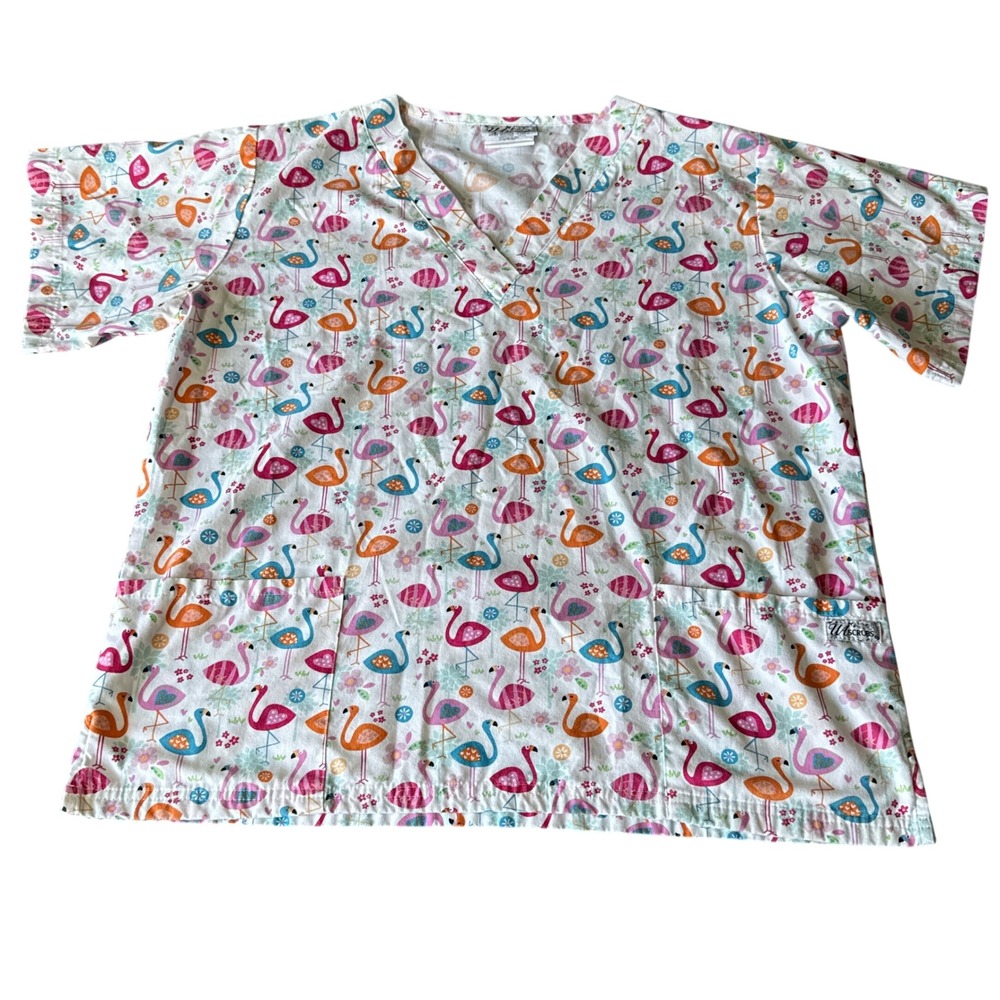 UA Scrubs Womens Flamingo Print V-Neck Scrub Top Pink Orange Teal Medium PC62
